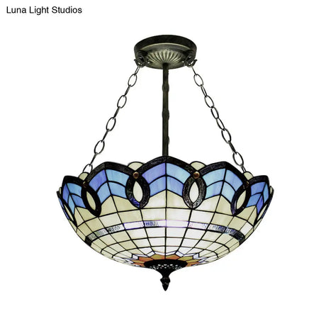 Stained Glass Inverted Ceiling Lamp - Tiffany Baroque Semi Flushmount Light In Beige/Yellow/Antique