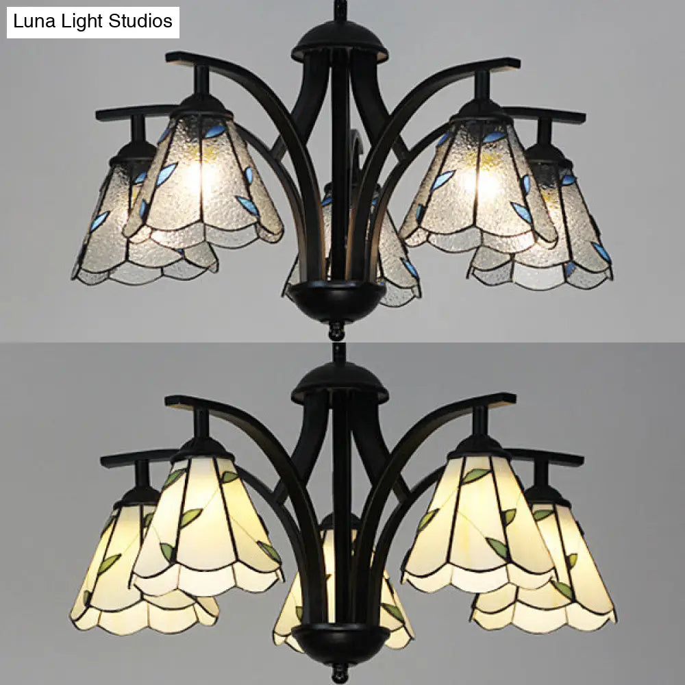 Stained Glass Leaf Chandelier With Adjustable Chain And Blue/Green Pendant