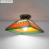 Stained Glass Mini Flush Mount Light For Kitchen - Pink/Orange Pyramid Craftsman Design