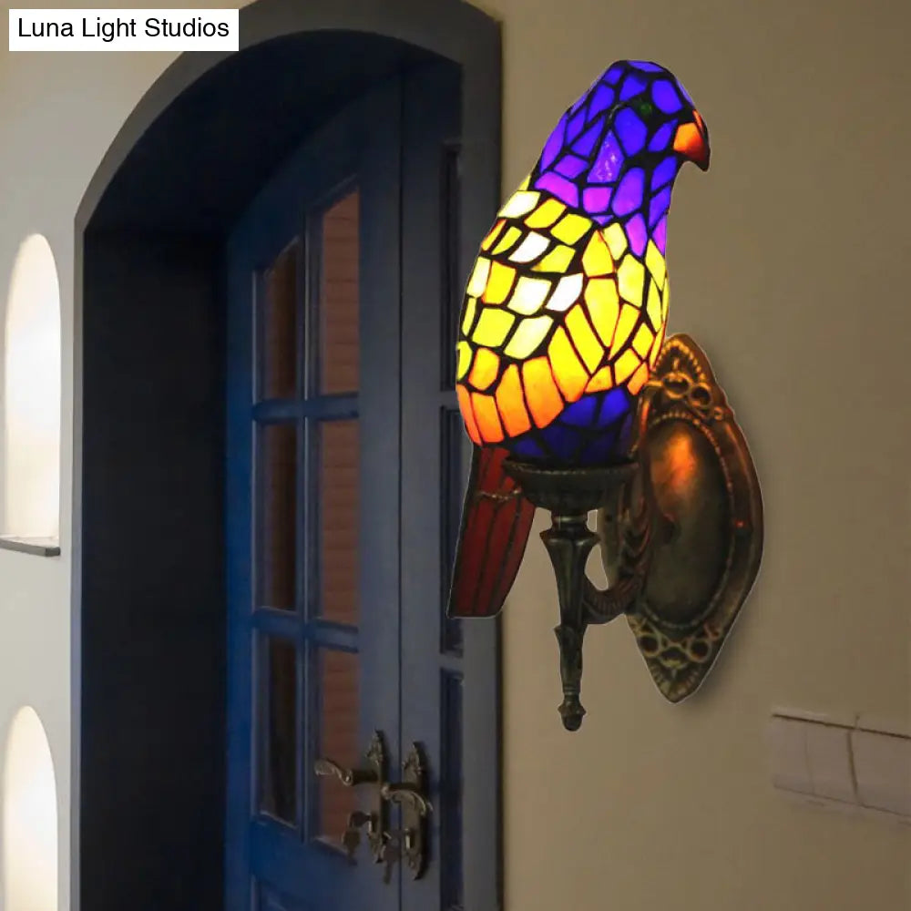 Stained Glass Parrot Wall Lamp - Lodge Style Brass Sconce For Living Room