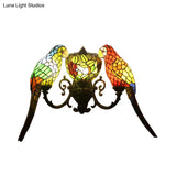 Stained Glass Parrots Wall Sconce Light - Tiffany Rustic Style With 2 Lights Bowl Shade In Antique
