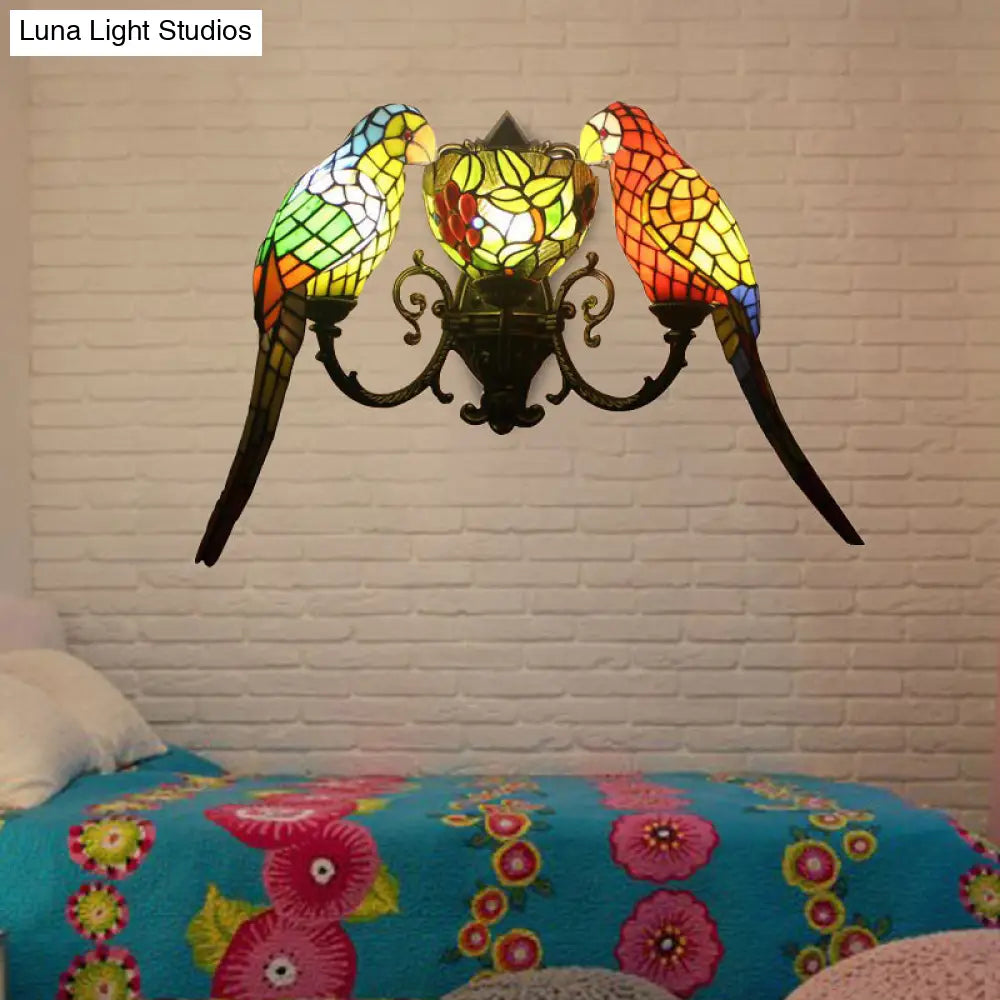 Stained Glass Parrots Wall Sconce Light - Tiffany Rustic Style With 2 Lights Bowl Shade In Antique