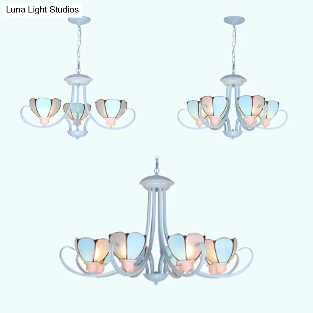 Stained Glass Petal Chandelier With Hanging Chain - Blue 3/6/8 Lights Modern Ceiling Light For Hall