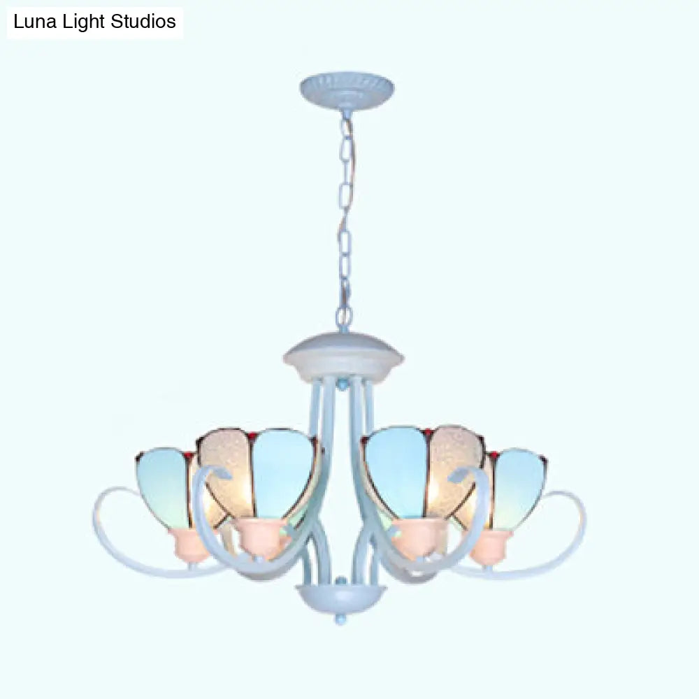 Stained Glass Petal Chandelier With Hanging Chain - Blue 3/6/8 Lights Modern Ceiling Light For Hall