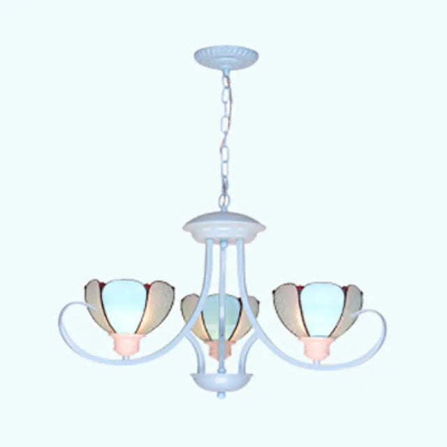 Stained Glass Petal Chandelier With Hanging Chain - Blue 3/6/8 Lights Modern Ceiling Light For Hall