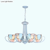 Stained Glass Petal Chandelier With Hanging Chain - Blue 3/6/8 Lights Modern Ceiling Light For Hall