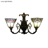 Stained Glass Pyramid Wall Lamp With 2 Heads - White/Blue/Yellow Ideal For Corridor Lighting