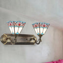 Stained Glass Pyramid Wall Sconce Light - Tiffany Style Aged Brass For Bedroom Blue