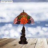 Stained Glass Red/Orange Night Light Flowering Tiffany-Style Table Lamp With Angel Statue