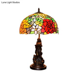 Stained Glass Red/Orange Night Light Flowering Tiffany-Style Table Lamp With Angel Statue