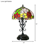 Stained Glass Rose Desk Lamp With Leaf Base - Tiffany Rustic Design In Black Finish