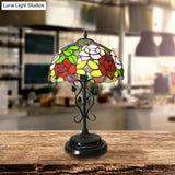 Stained Glass Rose Desk Lamp With Leaf Base - Tiffany Rustic Design In Black Finish