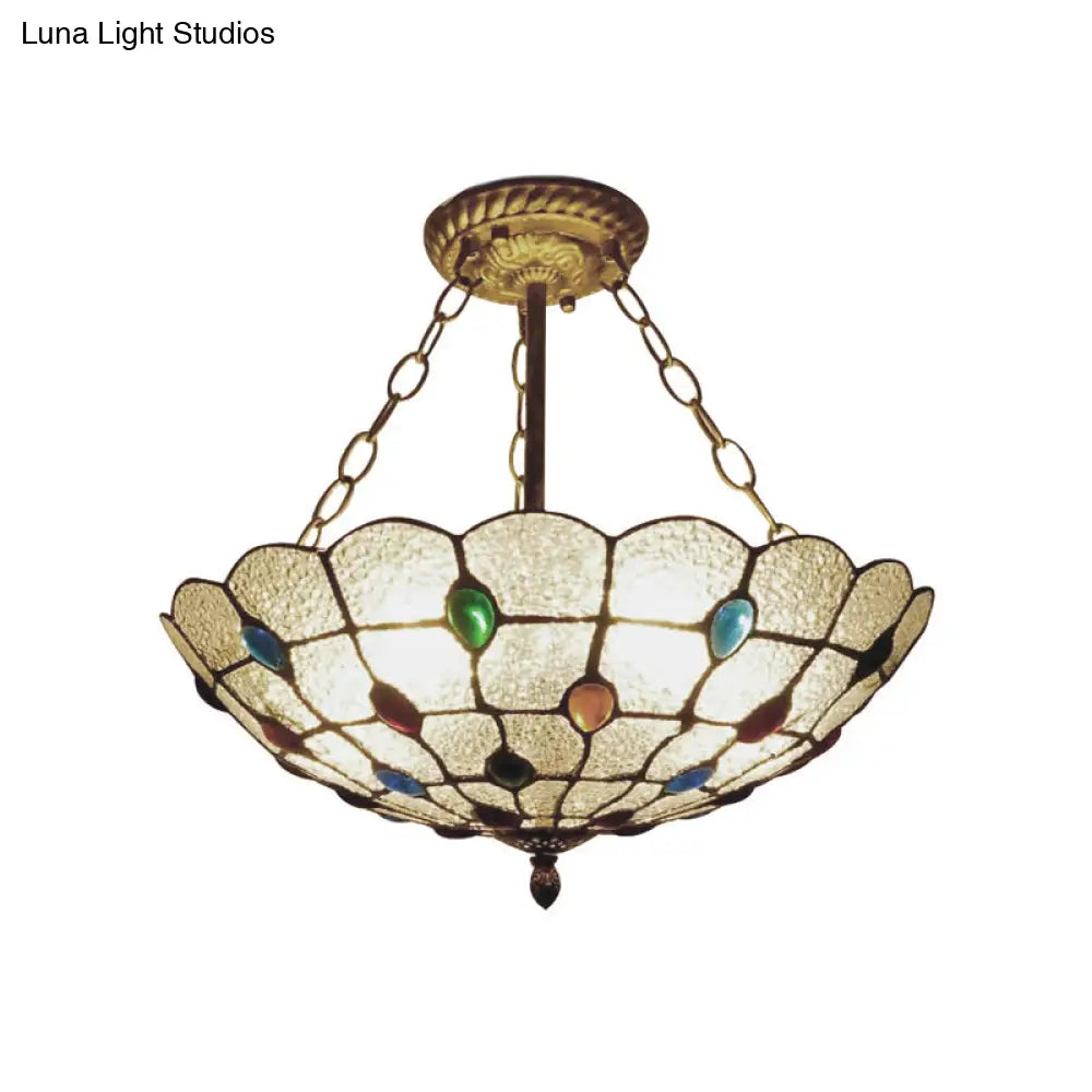 Stained Glass Semi Flush Ceiling Light Fixture With Retro Jewel Pattern - Beige/Clear/Yellow Tones
