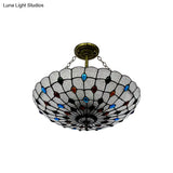 Stained Glass Semi Flush Ceiling Light Fixture With Retro Jewel Pattern - Beige/Clear/Yellow Tones