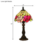 Stained Glass Table Night Light With Rose Pattern - Dark Coffee 1 Bulb Mediterranean Style