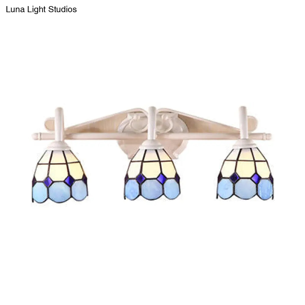 Stained Glass Tiffany Bathroom Vanity Light In Blue/Orange With 3-Light Grid Dome Wall Sconce