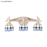 Stained Glass Tiffany Bathroom Vanity Light In Blue/Orange With 3-Light Grid Dome Wall Sconce