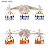 Stained Glass Tiffany Bathroom Vanity Light In Blue/Orange With 3-Light Grid Dome Wall Sconce