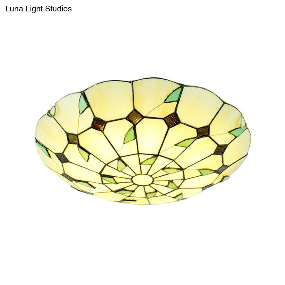 Stained Glass Tiffany Ceiling Light Fixture - 3 Bulbs Bowl Flush Lighting For Living Room