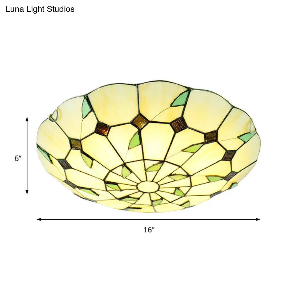 Stained Glass Tiffany Ceiling Light Fixture - 3 Bulbs Bowl Flush Lighting For Living Room
