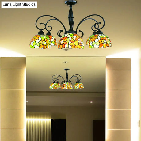 Stained Glass Tiffany Chandelier With Orange Sunflower - 3/6 Lights Rustic Pendant Light For Living