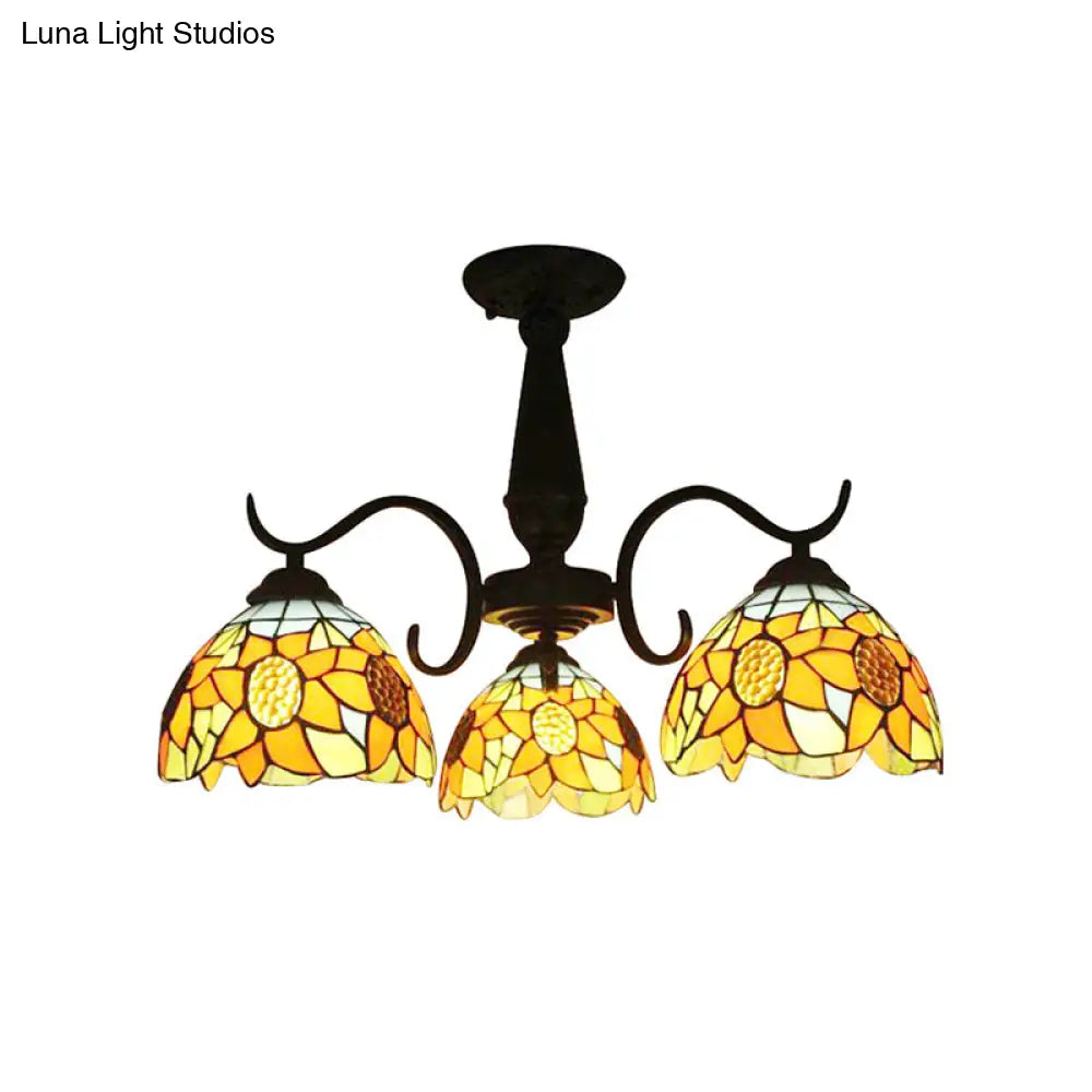 Stained Glass Tiffany Chandelier With Orange Sunflower - 3/6 Lights Rustic Pendant Light For Living