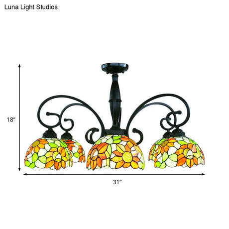 Stained Glass Tiffany Chandelier With Orange Sunflower - 3/6 Lights Rustic Pendant Light For Living