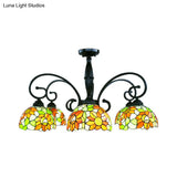 Stained Glass Tiffany Chandelier With Orange Sunflower - 3/6 Lights Rustic Pendant Light For Living