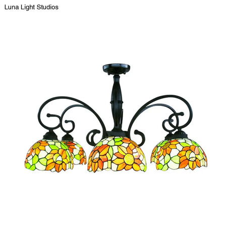 Stained Glass Tiffany Chandelier With Orange Sunflower - 3/6 Lights Rustic Pendant Light For Living