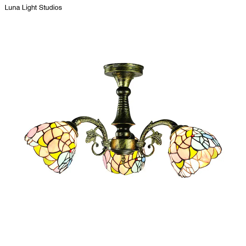 Stained Glass Tiffany Peacock Tail/Leaf/Flower Chandelier Light - Rustic Ceiling Fixture In Antique