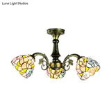 Stained Glass Tiffany Peacock Tail/Leaf/Flower Chandelier Light - Rustic Ceiling Fixture In Antique