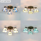 Stained Glass Tiffany Style Flushmount Light With 3 Lights - White/Clear/Blue/Beige