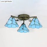 Stained Glass Tiffany Style Flushmount Light With 3 Lights - White/Clear/Blue/Beige