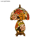 Stained Glass Victorian Vase Nightstand Lamp - Floral Patterned Night Table Light With Coffee Bowl