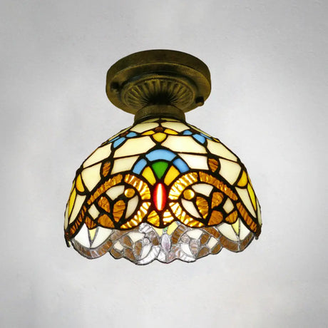Stained Glass Vintage Dome Ceiling Light Fixture For Corridor - Semi Flush Includes 1 Bulb Beige /