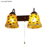 Stained Glass Wall Mounted Bell Light With Pull Chain Switch - Dual Head Sconce In Vibrant Yellow