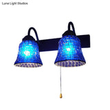 Stained Glass Wall Mounted Bell Light With Pull Chain Switch - Dual Head Sconce In Vibrant Yellow