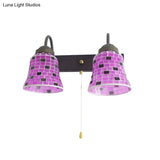Stained Glass Wall Mounted Bell Light With Pull Chain Switch - Dual Head Sconce In Vibrant Yellow