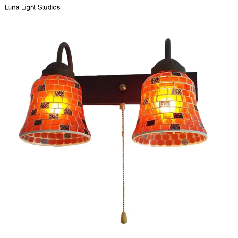 Stained Glass Wall Mounted Bell Light With Pull Chain Switch - Dual Head Sconce In Vibrant Yellow