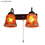 Stained Glass Wall Mounted Bell Light With Pull Chain Switch - Dual Head Sconce In Vibrant Yellow
