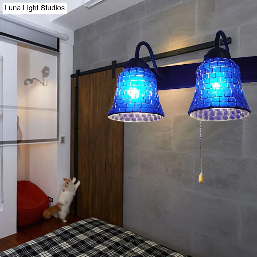 Stained Glass Wall Mounted Bell Light With Pull Chain Switch - Dual Head Sconce In Vibrant Yellow