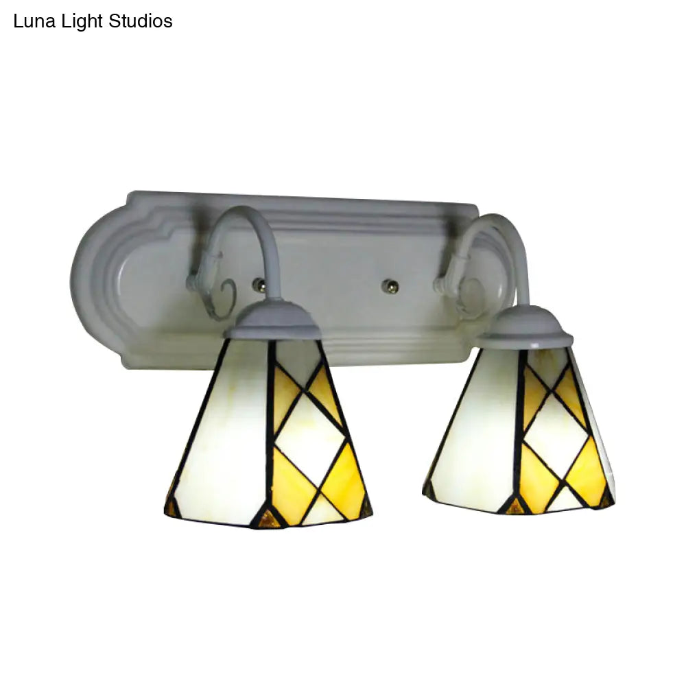 Stained Glass Wall Sconce With 2 Rustic Vintage Heads For Beige Bathroom Lighting
