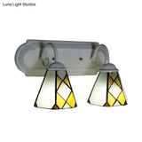 Stained Glass Wall Sconce With 2 Rustic Vintage Heads For Beige Bathroom Lighting