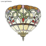 Stained Glass Wall Sconce With Rustic Bowl Design - Multi-Colored 1 Bulb Lighting For Staircases