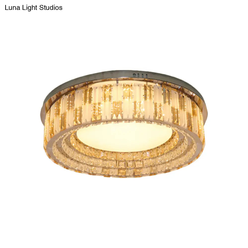 Stainless - Steel Led Flush Mount Ceiling Light With Crystal Blocks - Modern Round Fixture