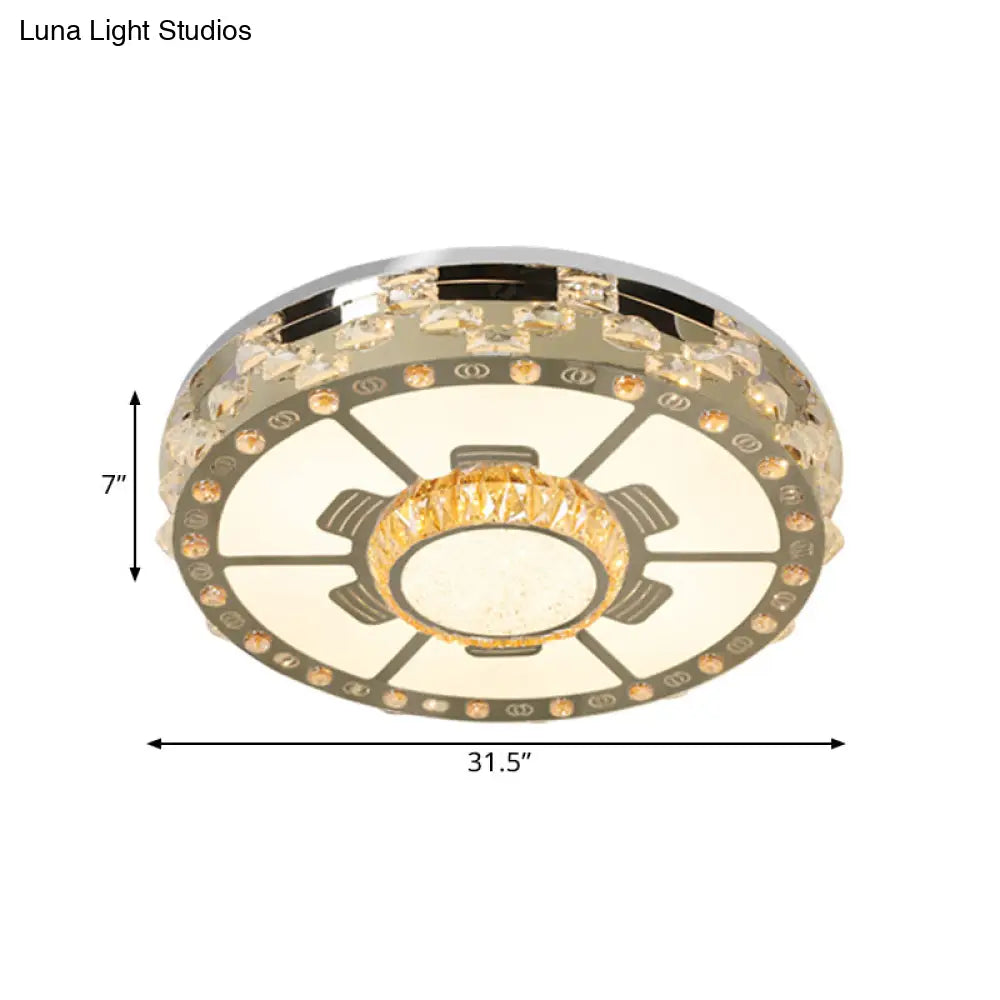 Stainless - Steel Led Round Ceiling Flush Mount Light Fixture With Clear Beveled Crystal Blocks