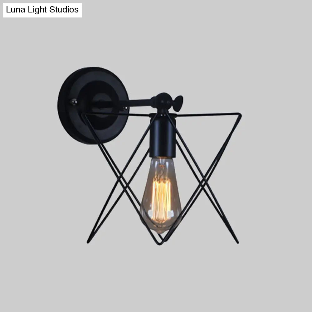 Star Design Wall Lamp - Bulb Included Wire Frame Style Industrial Black Metal Sconce Lighting