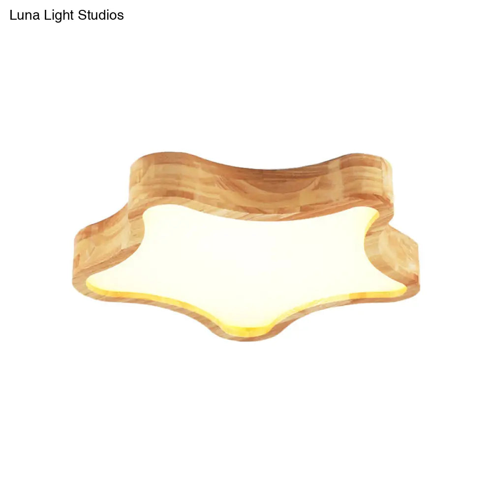 Star Wooden Flush Mount Ceiling Light For Designer Bedroom In Beige