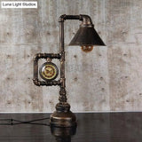 Steampunk Brass Finish Table Light With Clock Deco Wrought Iron Stand And Conical Bulb