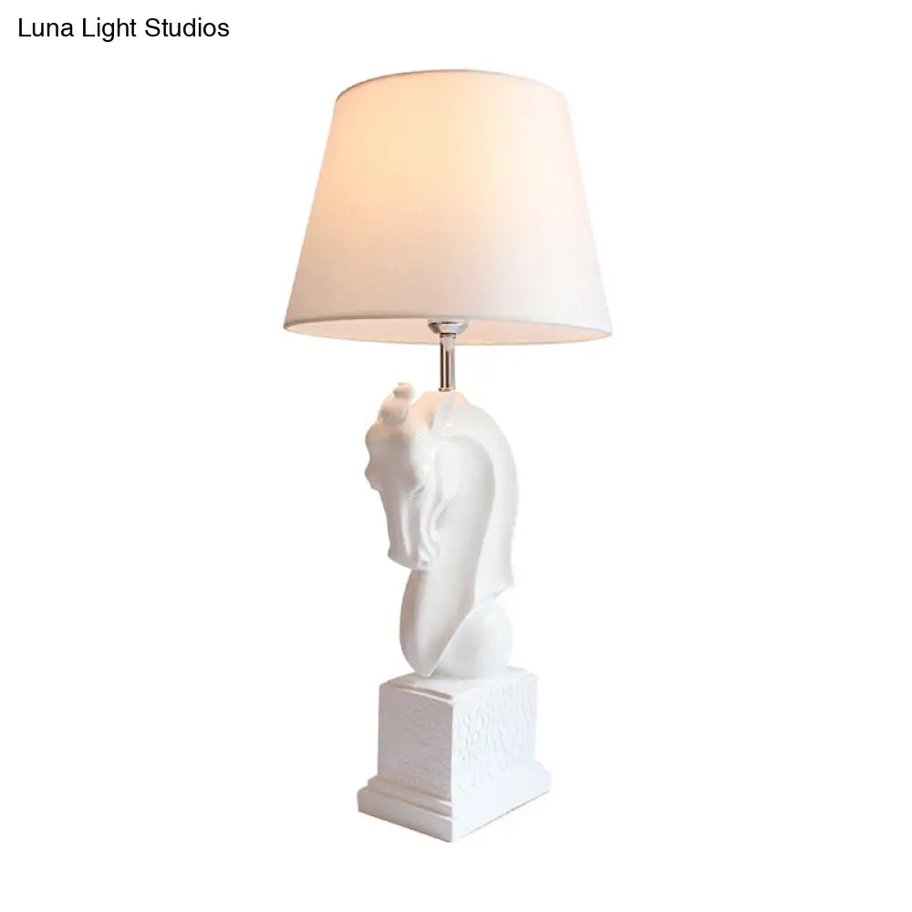 Steed Head Night Lamp With Resin Black/White Rural Design Cone Fabric Shade And Single Bulb